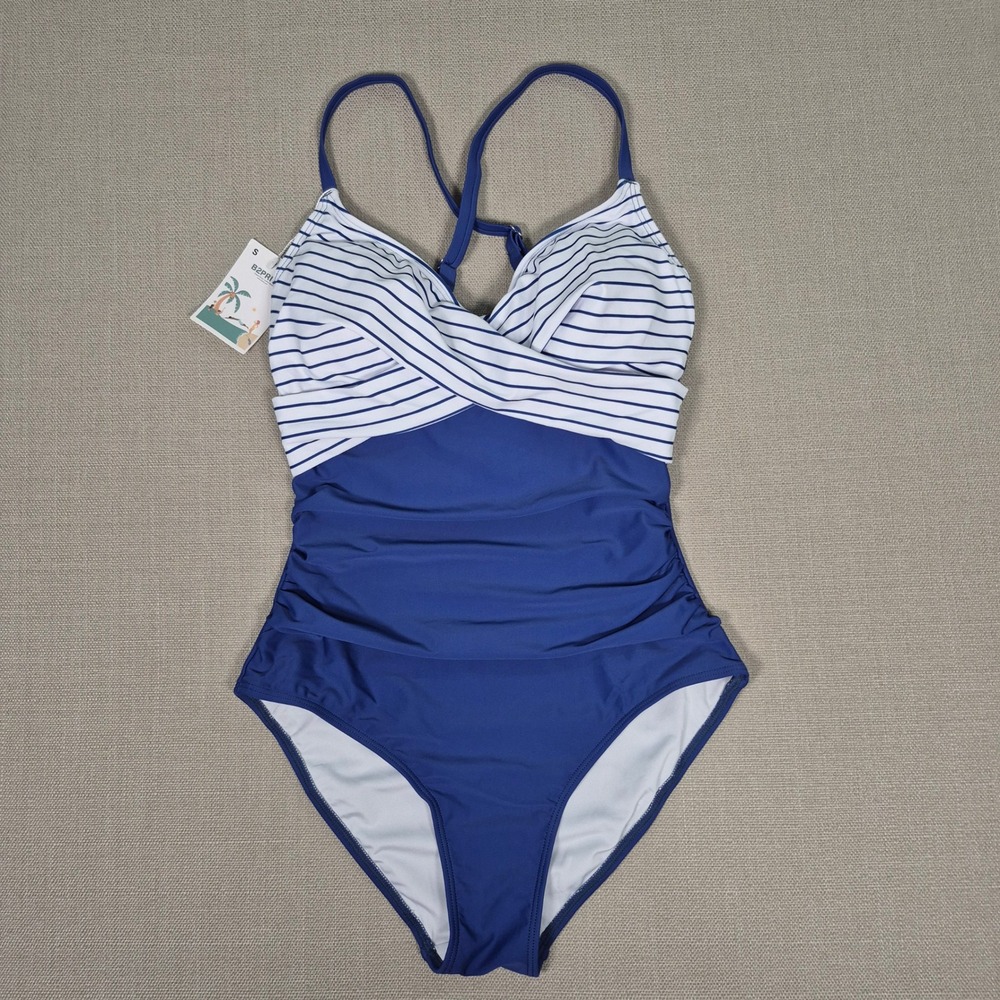 B2PRITY Women Blue White Striped Tummy Control One Piece Swimsuit Size S NWT